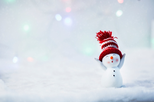Feliz hombre de nieve de pie en el paisaje de navidad de invierno. Feliz Navidad y feliz tarjeta de felicitación de Año Nuevo. Hombre de nieve divertido en sombrero sobre fondo nevado. Copiar espacio para texto photo