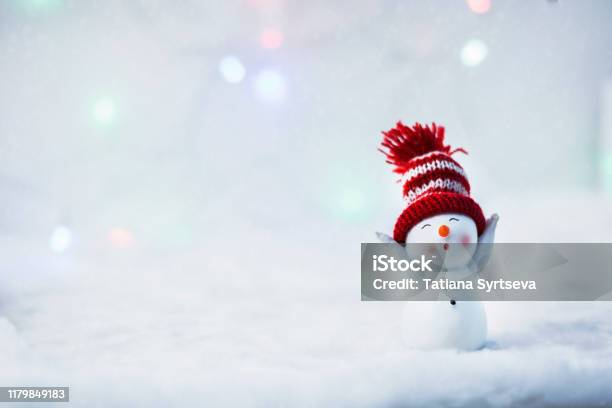 มนุษย์หิมะมีความสุขยืนอยู่ในภูมิทัศน์คริสต์มาสฤดูหนาว สุขสันต์วันคริสต์มาสและการ์ดอวยพ ภาพสต็อก - ดาวน์โหลดรูปภาพตอนนี้