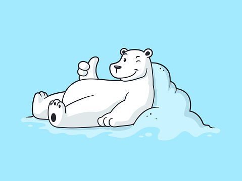 Cool polar bear lying in the snow showing thumb up vector cartoon illustration