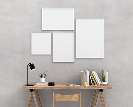 Four empty photo frame for mockup on wall, 3D rendering