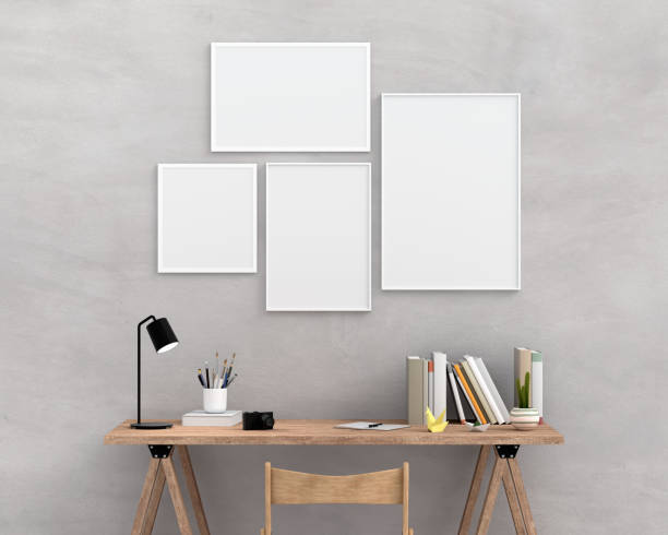 Four empty photo frame for mockup on wall, 3D rendering Four empty photo frame for mockup on cement wall, 3D rendering hanging photos stock pictures, royalty-free photos & images