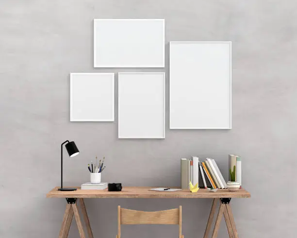 Photo of Four empty photo frame for mockup on wall, 3D rendering