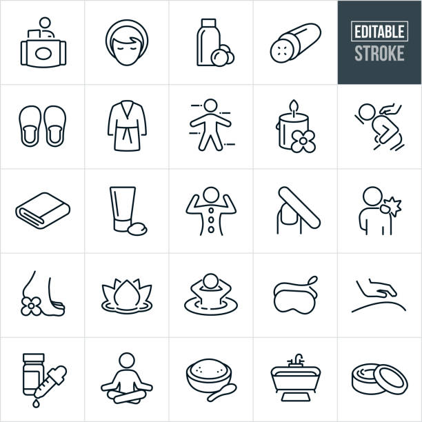 Spa Thin Line Icons - Editable Stroke A set of spa and massage icons that include editable strokes or outlines using the EPS vector file. The icons include spa treatments, massage therapist, woman, customer, body wash, cucumber, slippers, robe, candle, massage, masseuse, towel, facia cream, body cream, manicure, sore muscles, lotus flower, hot tub, eye mask, essential oils, meditation, body salts, bathtub and other spa and message related icons. spa stock illustrations