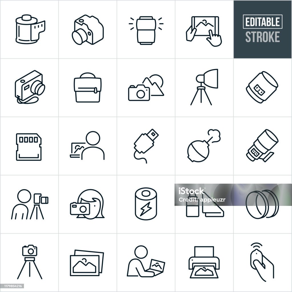 Photography Thin Line Icons - Editable Stroke A set of photography icons that include editable strokes or outlines using the EPS vector file. The icons include a DSLR camera, digital camera, roll of film, camera flash, image editing, images being viewed on a tablet pc, camera bag, landscape, photography lights, camera lens, data card, camera equipment, person taking a picture, battery, camera lens filters, tripod, pictures, printing pictures and a camera remote to name a few. Photograph stock vector