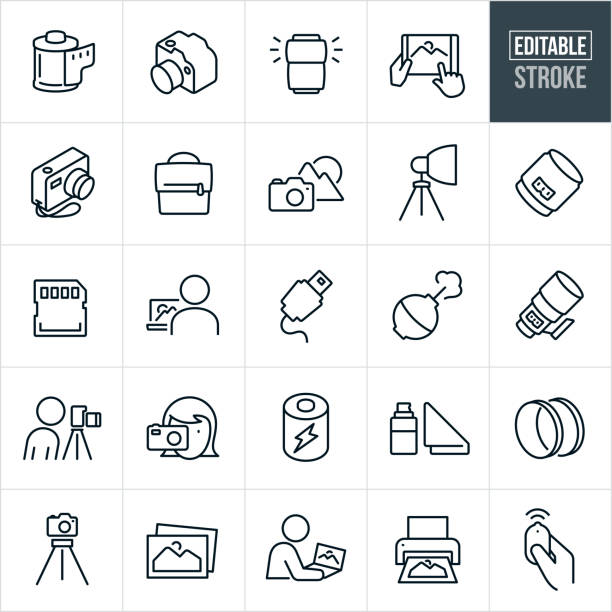 Photography Thin Line Icons - Editable Stroke A set of photography icons that include editable strokes or outlines using the EPS vector file. The icons include a DSLR camera, digital camera, roll of film, camera flash, image editing, images being viewed on a tablet pc, camera bag, landscape, photography lights, camera lens, data card, camera equipment, person taking a picture, battery, camera lens filters, tripod, pictures, printing pictures and a camera remote to name a few. photography themes photos stock illustrations