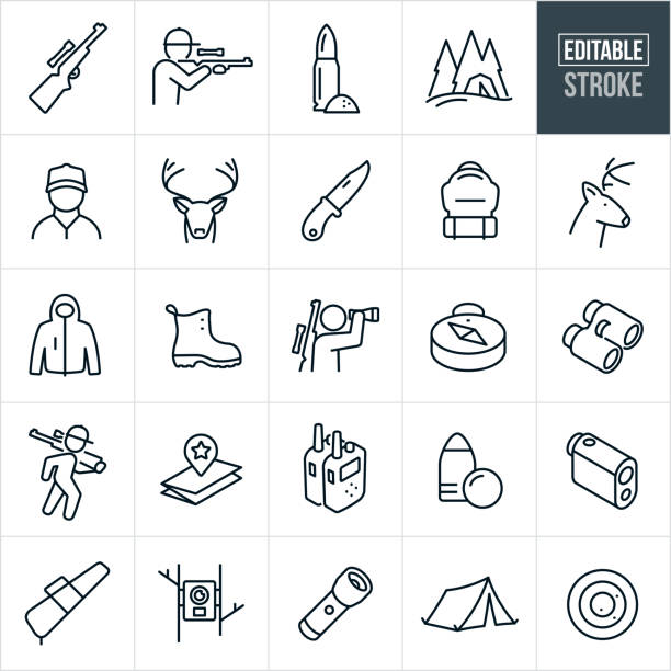Deer Hunting Thin Line Icons - Editable Stroke A set of dee hunting icons that include editable strokes or outlines using the EPS vector file. The icons include a hunter, rifle, hunter shooting gun, ammunition, camping, outdoors, man, mule deer, whitetail deer, knife, backpack, coat, boots, binoculars, compass, hunting equipment, map, 2-way radios, bullets, rangefinder, gun case, camera, flashlight, tent and target to name just a few. hunting stock illustrations