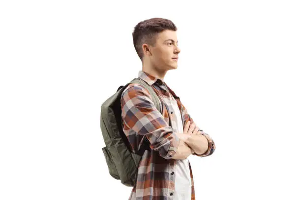 Photo of Young guy with a backpack standing with arms crossed
