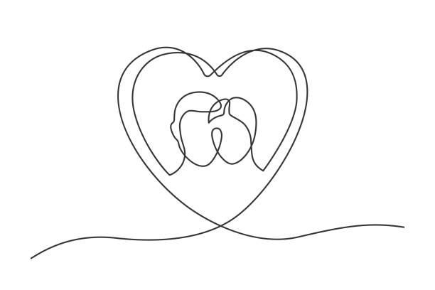 ilustrações, clipart, desenhos animados e ícones de casal no coração de uma linha - kissing child family isolated