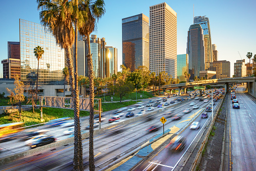 Los Angeles City Freeway Traffic At Sunset