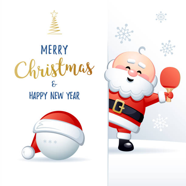 Merry Christmas and Happy New Year. Cute Sports greeting card. Ping Pong. Merry Christmas and Happy New Year. Sports greeting card. Cute Santa Claus with Ping Pong ball and Ping Pong Paddle. Vector illustration. table tennis funny stock illustrations