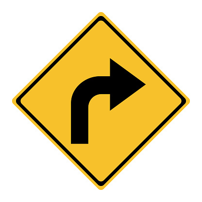 Traffic sign turn right warning attention vector on yellow background - label, warning, sign, symbol, icon, print etc.
