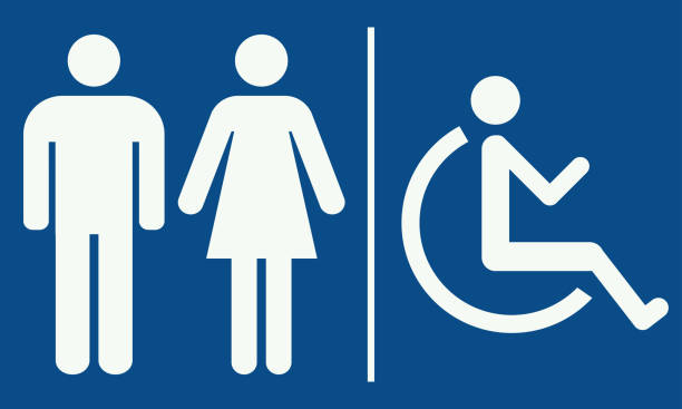 illustrations, cliparts, dessins animés et icônes de signe de toilette - icône de wc s'est placé d'isolement sur le mâle bleu de fond, femme et personne handicapée - public restroom bathroom restroom sign sign