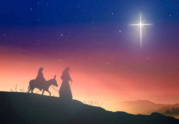 Silhouette pregnant Mary and Joseph with a donkey on star of cross background