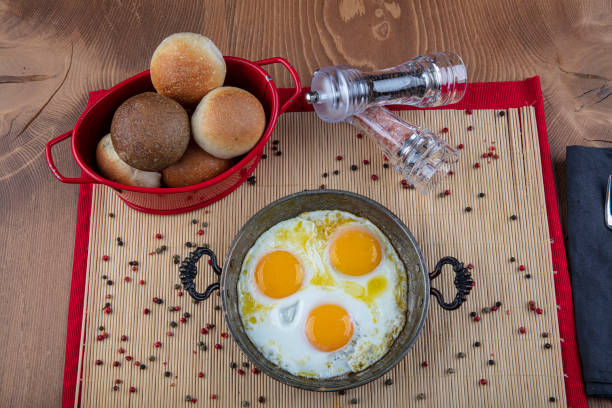 Fried egg. Close up view of the fried egg on a frying pan. Restaurant breakfast service concept.