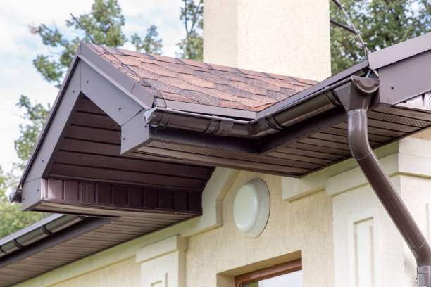 istock brown roof visor drain gutter on a light building with a white lampshade. 1179880090