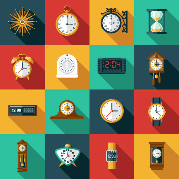 uhren und timer icon set - kuckucksuhr stock-grafiken, -clipart, -cartoons und -symbole