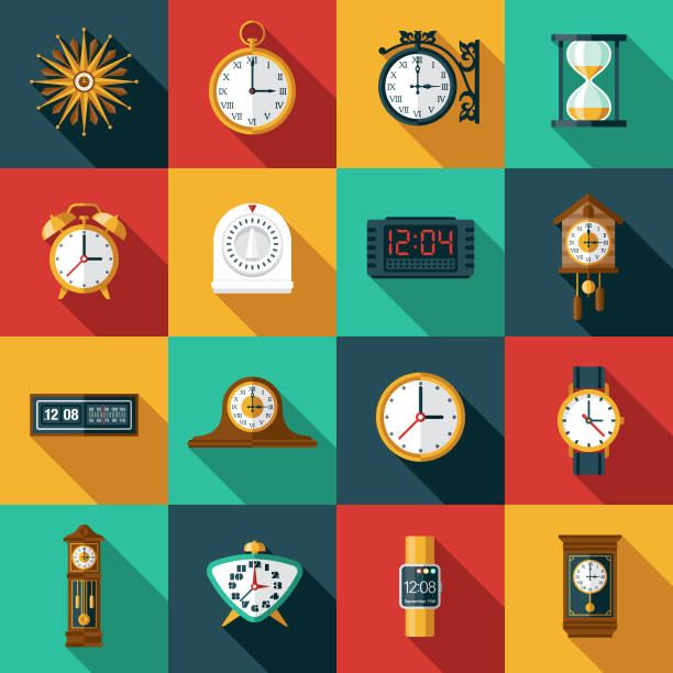 Clocks and Timers Icon Set A set of clock and timer icons. File is built in the CMYK color space for optimal printing. Color swatches are global so it’s easy to edit and change the colors. alarm clock illustrations stock illustrations