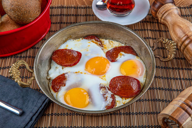 istock Sausage Fried Egg, sucuklu yumurta from top view ,  turkish sauage with egg omelette. 1179880426