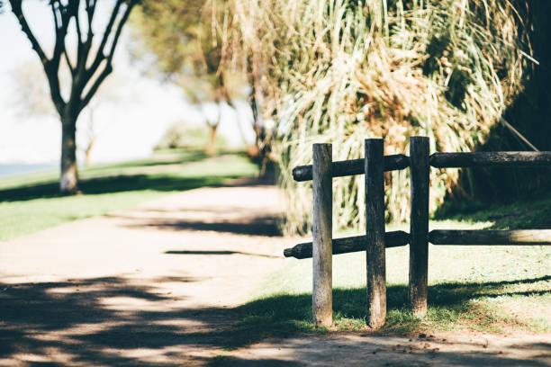 vintage wooden fence and small wicket in reconstruction of ukrainian village of 19th century
