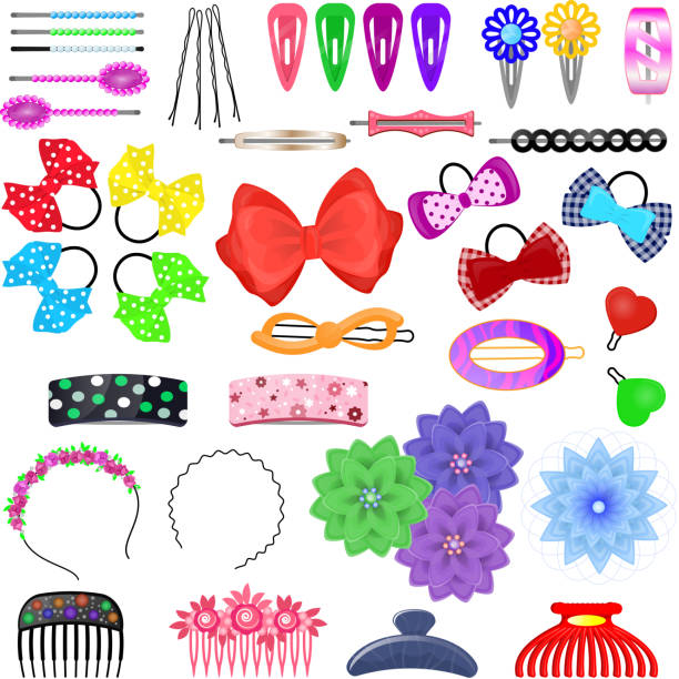 Hair accessory vector kids hairpin or hair-slide and hair-clip ponytailer for girlish hairstyle illustration beauty fashion set of hairgrip or hairdressing accessories isolated on white background Hair accessory vector kids hairpin or hair-slide and hair-clip ponytailer for girlish hairstyle illustration beauty fashion set of hairgrip or hairdressing accessories, isolated on white background. hair clip stock illustrations