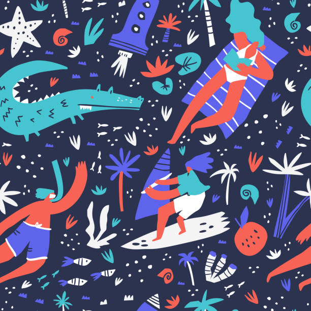 tropikalna plaża rekreacyjnie ręcznie rysowane bez szwu wzór. mężczyzna i kobieta wczasowicze postaci z kreskówek. letnia ilustracja wektorowa doodle. dekoracyjne tekstylia, tapety, pomysł na projekt papieru do pakowania - windsurfing obrazy stock illustrations