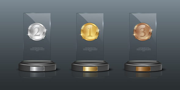 Glass awards realistic vector illustration. Crystal prizes with blank golden, silver and bronze medals 3D isolated clipart set on gray background. Competition winner rewards. Trophy design elements