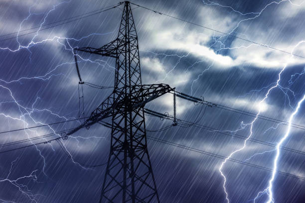 High voltage tower and lightning High voltage tower and lightning strikes lightning tower stock pictures, royalty-free photos & images
