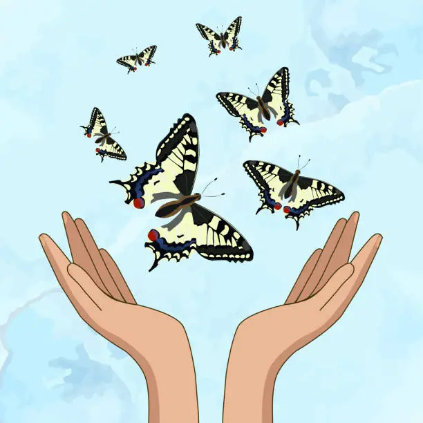 Vector illustration of Hands release yellow beautiful butterflies. On a blue background. Vector illustration
