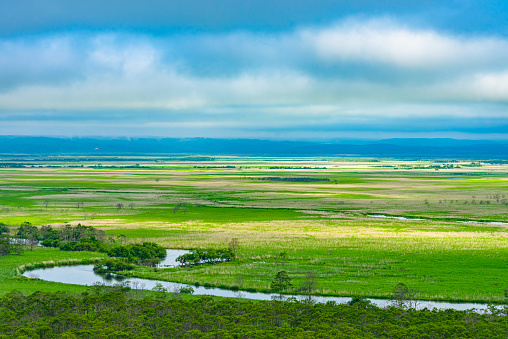 Kushiro Shitsugen national park in Hokkaido in summer day, view from Hosooka observation deck, the largest wetland in Japan. The park is known for its wetlands ecosystems