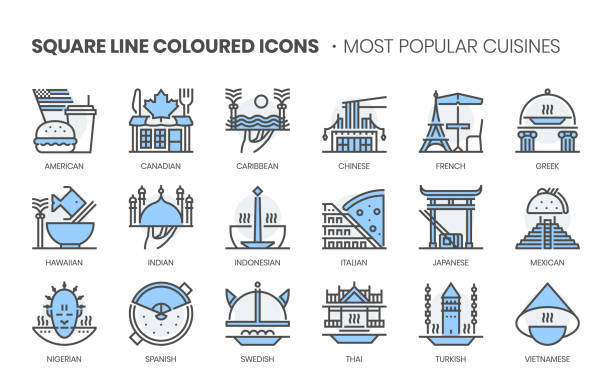 Popular Cuisines related, square line color vector icon set Popular Cuisines related, square line color vector icon set for applications and website development. The icon set is editable stroke, pixel perfect and 64x64. Crafted with precision and eye for quality. torri gate stock illustrations