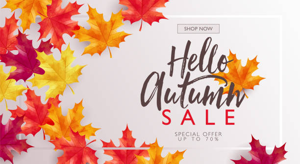 istock Autumn sale discount marketing design layout. Hello autumn banner concept. Maple orange theme design with frame on white gradient background. Vector illustration template. 1179910592