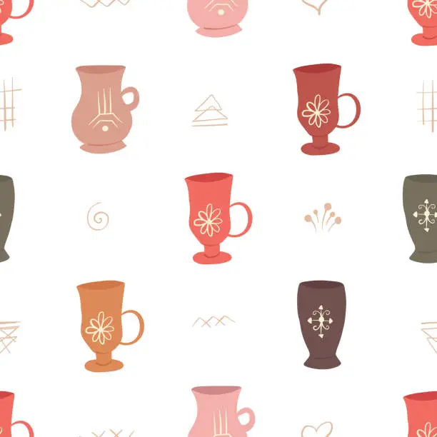 Vector illustration of Seamless flat texture with cups, mugs and mystical drawing. Vector doodle pattern