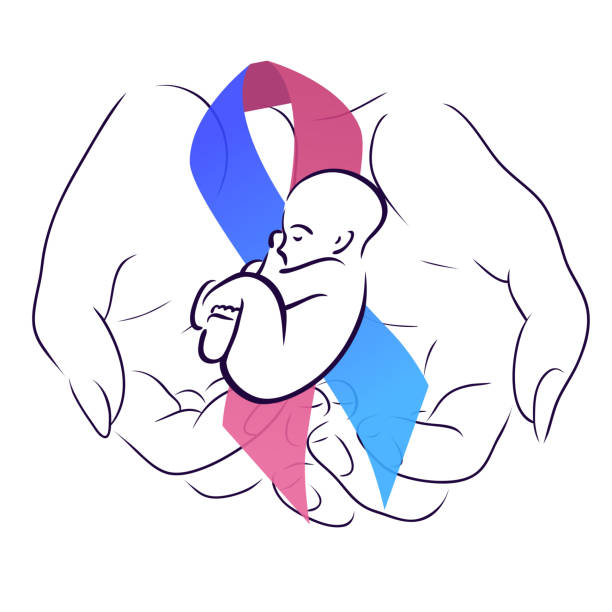 internationaler tag der frühgeborenen. frau hand mit festlichem band mit einem baby. mutterschaft und fürsorge. das objekt ist vom hintergrund getrennt. vektorelement - human pregnancy earth globe mother stock-grafiken, -clipart, -cartoons und -symbole