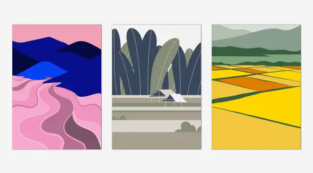 Vector illustration of Minimalist landscape poster design, rice fields