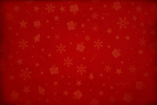 Horizontal vector illustration - Dark wine red colored gradient effect wallpaper texture all over pattern of Xmas elements Christmas backgrounds Dark maroon, deep red colored gradient paper textured effect wall texture Xmas vector starry background, wallpaper- horizontal. Different sized dull pale reddish colored gift boxes, snowflakes, Xmas trees, stars and swirls allover the background. Paper texture. Cracked, crumpled look. No text, No people. Copy space. Blotched surface. Stained look. Paint brush stroke wall effect. Scuff marks. Dark corners and bright center, centre, middle. Stars are faded and watermark. Can be used as Christmas, New Year party wallpaper, celebration, festive background, gift wrapping sheet, in stellar backdrop. all over pattern stock illustrations