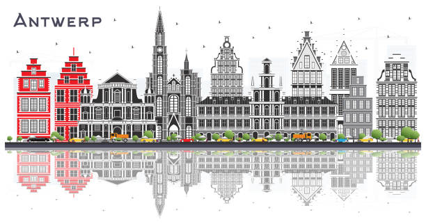 ilustrações de stock, clip art, desenhos animados e ícones de antwerp belgium city skyline with gray buildings and reflections isolated on white. - antuerpia