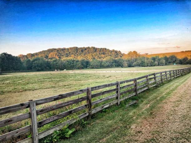 drewniane ogrodzenie z listew wzdłuż pola o zmierzchu - farm barn landscape ohio zdjęcia i obrazy z banku zdjęć