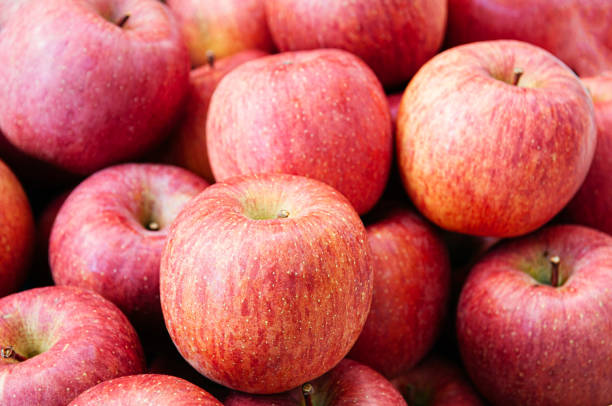 manzana fuji roja fresca, pila de aomori ringo - prefectura de aomori fotografías e imágenes de stock