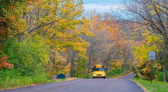 View of school bus on colorful Missouri street in fall; walking female teenage student walking from the bus