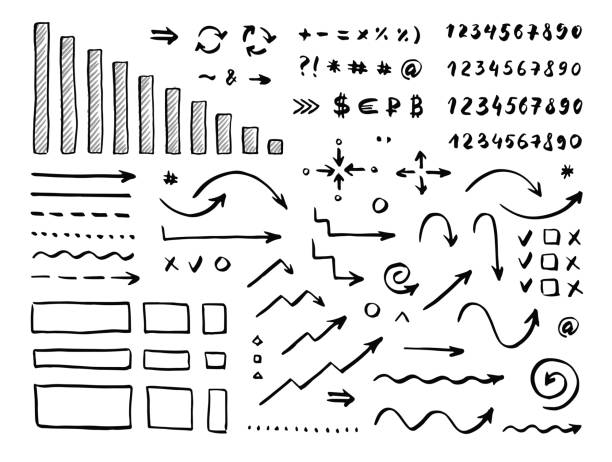 ilustrações de stock, clip art, desenhos animados e ícones de handwrite elements on white background. numbers, arrows, symbols and signs - office supply group of objects pencil highlighter