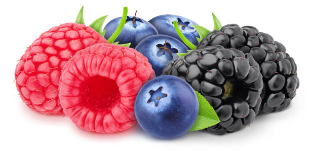 istock Multicolored composition with assortment of sweet berries - raspberry, blueberry and blackberry isolated on a white background with clipping path. 1179933213