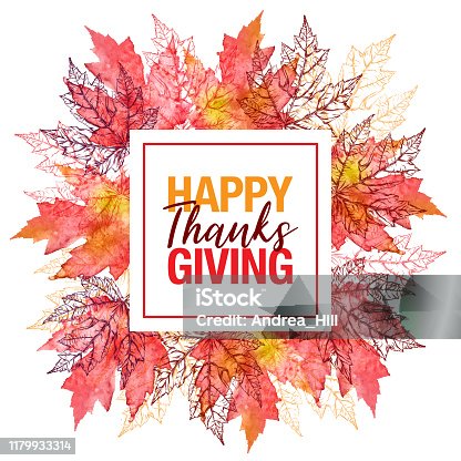 istock Happy Thanksgiving Maple Leaf Vector Watercolor and Ink Circular Pattern with Copy Space 1179933314
