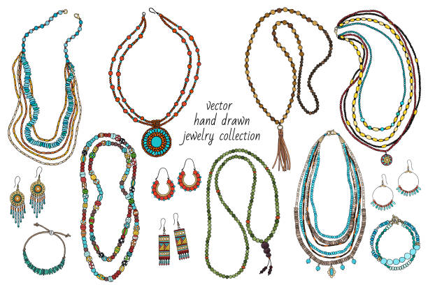 ilustraciones, imágenes clip art, dibujos animados e iconos de stock de colección de joyas hechas a mano - necklace jewelry bead isolated