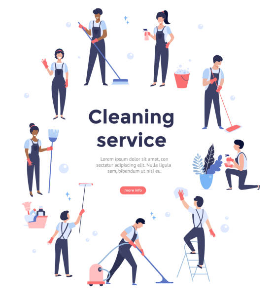 Cleaning service. Cleaning service team working, concept illustration with professionals, web page design template, vector banner service illustrations stock illustrations