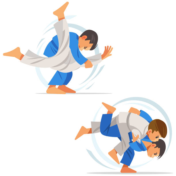 ilustraciones, imágenes clip art, dibujos animados e iconos de stock de los niños están haciendo altos tiros de judo en judogi. ilustración con diferentes judo - judo