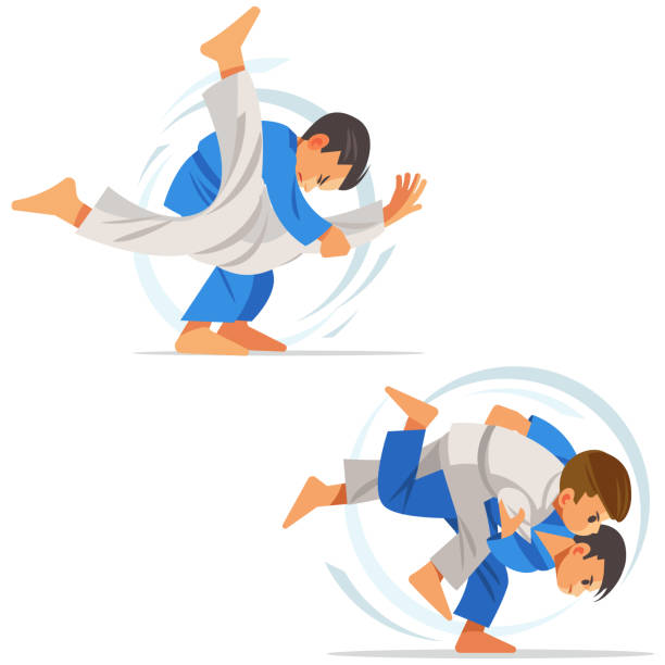 Children are doing high throws judo in judogi. Illustration with different judo Children are doing high throws judo in judogi. Illustration with different judo, isolated on white background judo stock illustrations