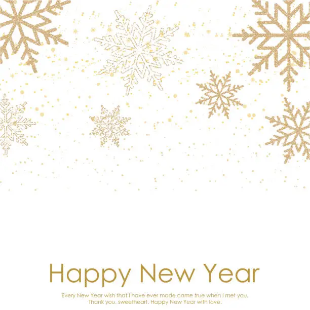 Vector illustration of Happy New Year or Christmas card with falling gold snowflakes on white background. Vector