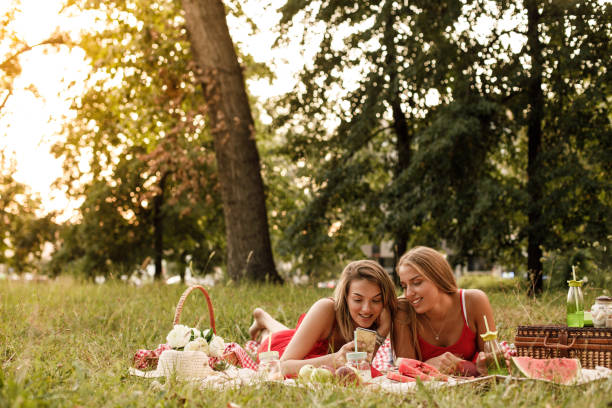 istock Young women using smart phone on a picnic in the park 1179942555