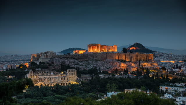 Athens with Acropolis in Greece - Day to Night Time Lapse