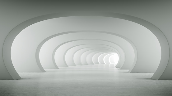 Abstract illuminated empty white bent corridor with round arches, bright light and shadows. Concept for interior design and futuristic background 3D rendering. Clean indoor architectural illustration